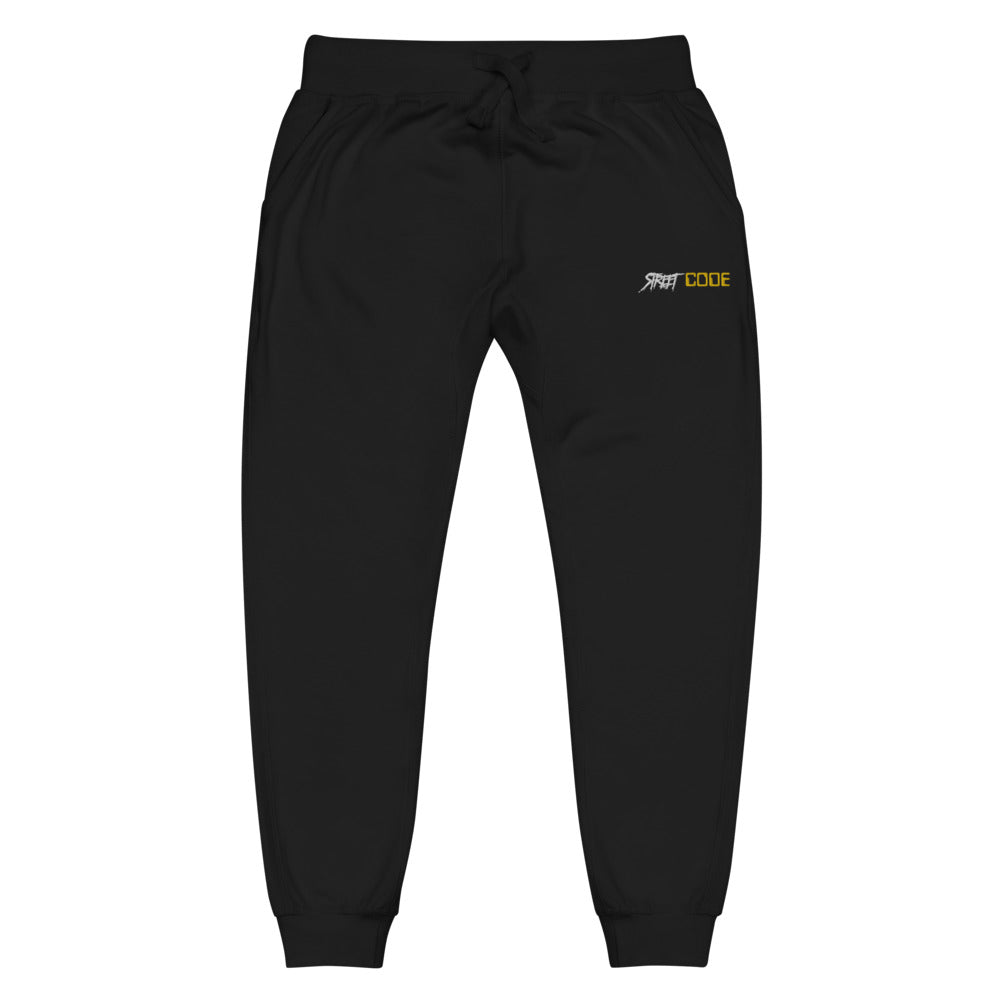 Street Code Embroidered Black Unisex fleece sweatpants white & yellow letters