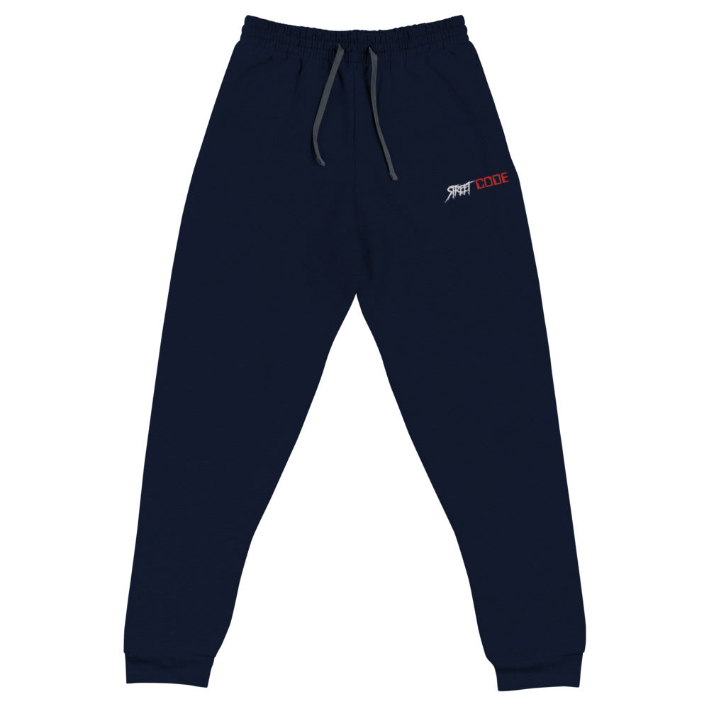 Street Code Navy Blue Embroidered Unisex Joggers white and red letters