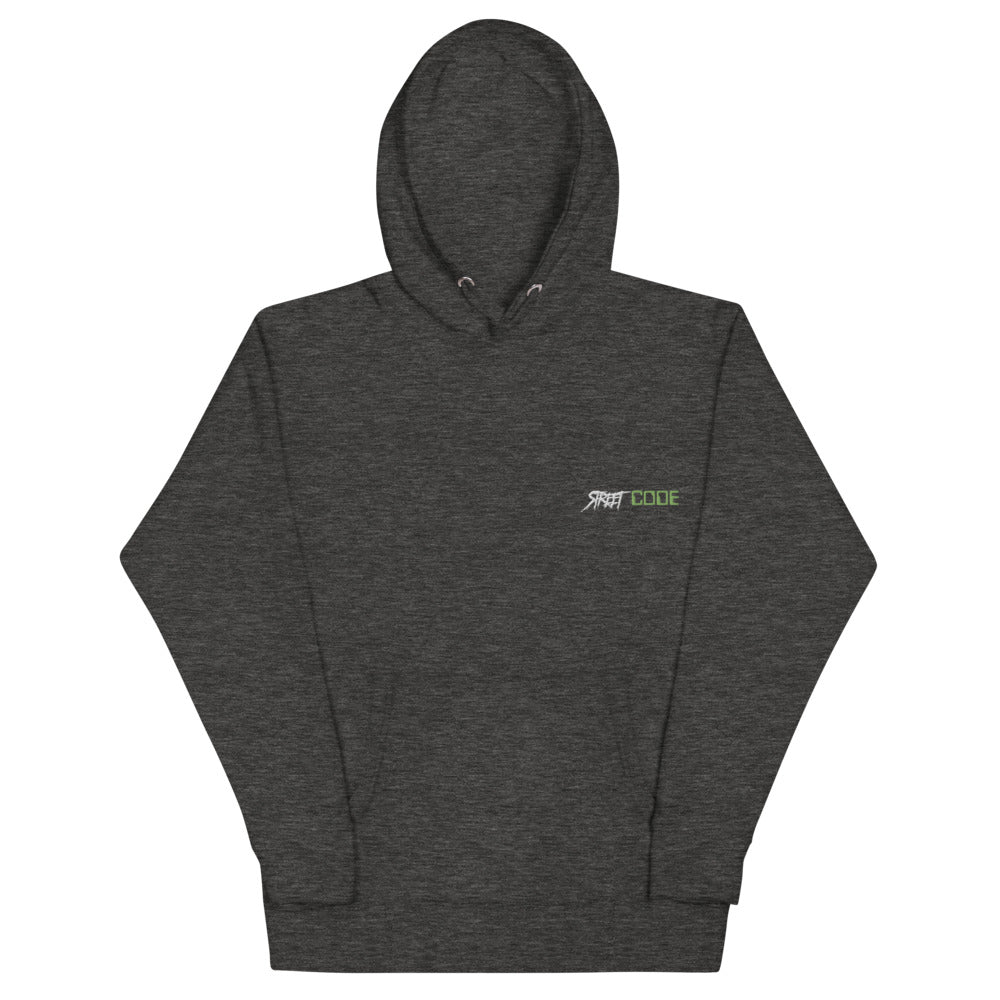 Street Code Embroidered Unisex Hoodie Charcoal Heather Green & White Letters