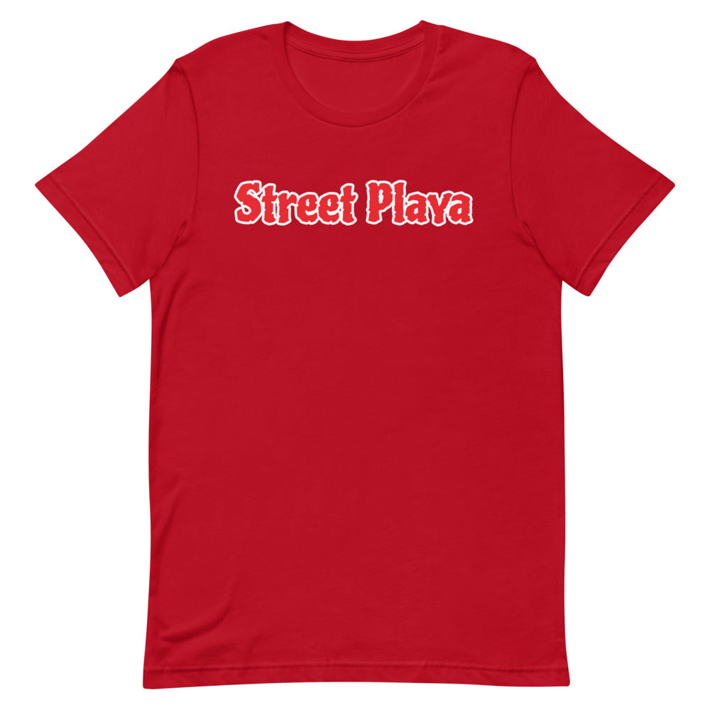 anklageren Footpad Mispend Street Playa Red Letters White Outline Short-Sleeve Unisex T-Shirt (6 –  Inner City Drip